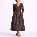 Women's Fall Wedding Guest Dresses Floral V-Neck Midi A-Line Dress - Multicolor