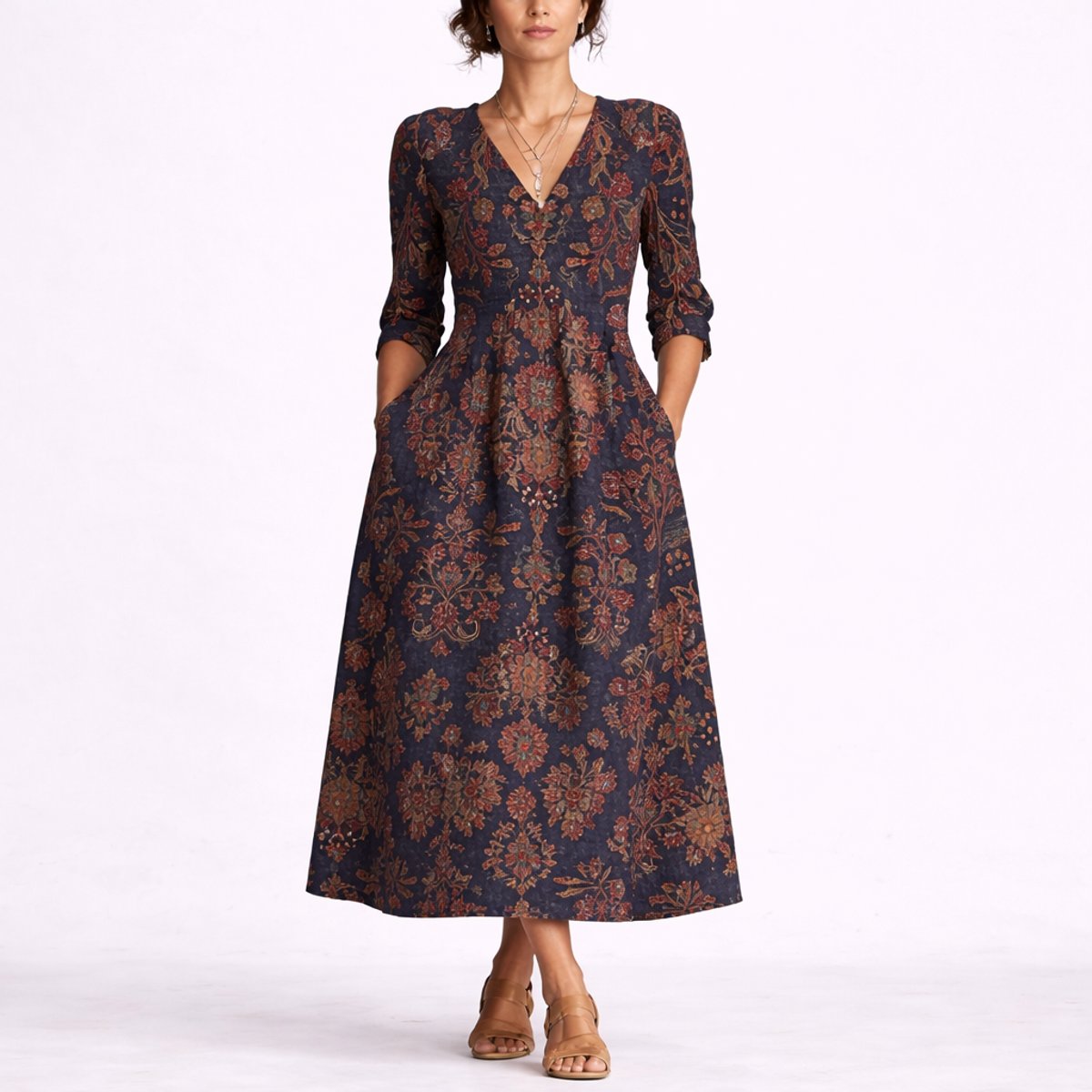 Women's Fall Wedding Guest Dresses Floral V-Neck Midi A-Line Dress - Multicolor
