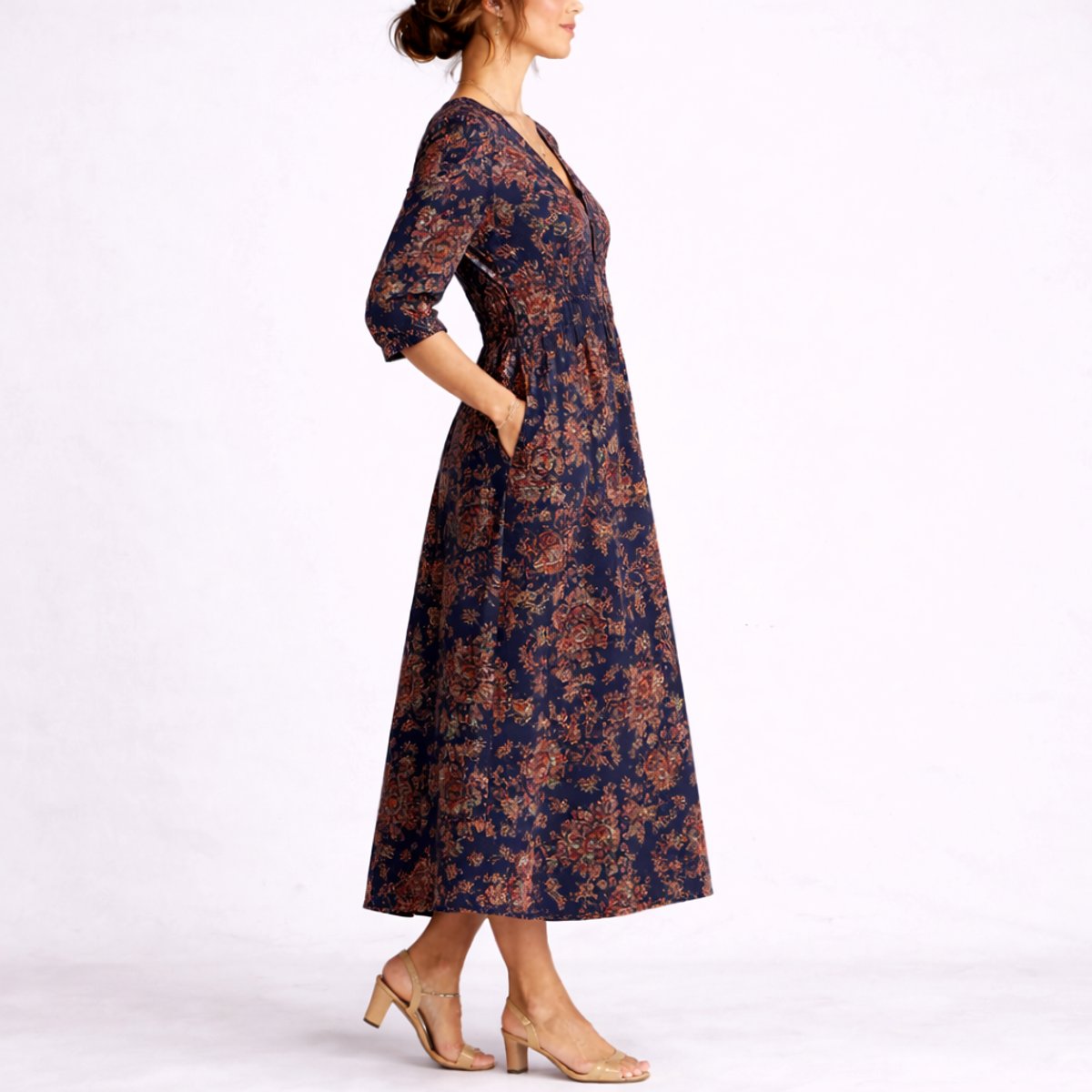 Women's Fall Wedding Guest Dresses Floral V-Neck Midi A-Line Dress