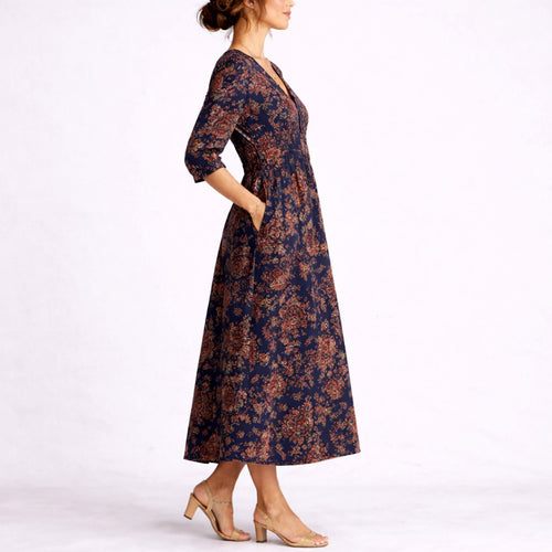 Women's Fall Wedding Guest Dresses Floral V-Neck Midi A-Line Dress
