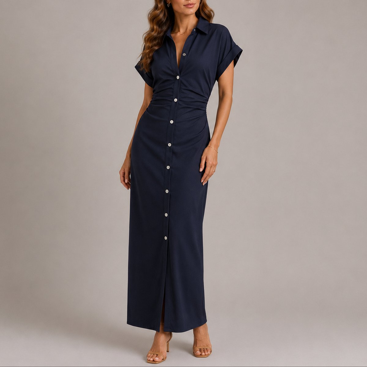 Women's Fall Wedding Guest Maxi Dress Button-Down Ruched Shirt - Navy
