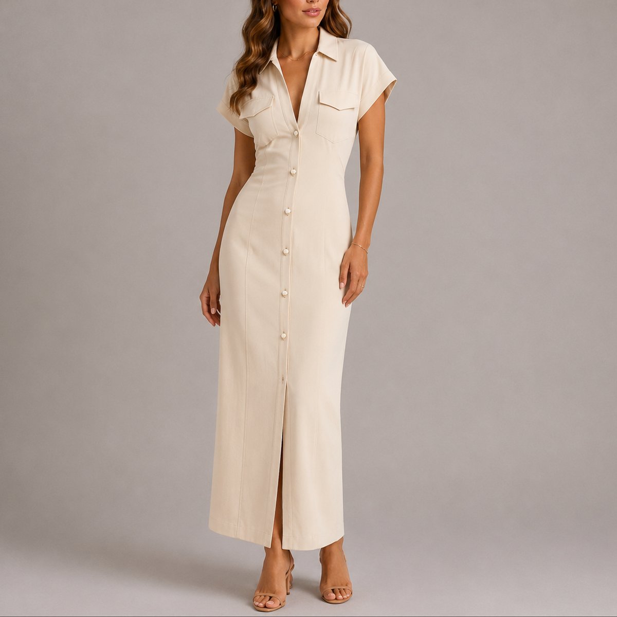 Women's Fall Wedding Guest Maxi Dress Button-Down Ruched Shirt - Beige