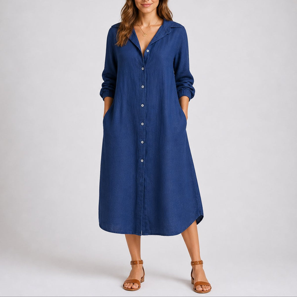 Women's Fall Wedding Guest Midi Dress Button-Front Long Sleeve - Blue