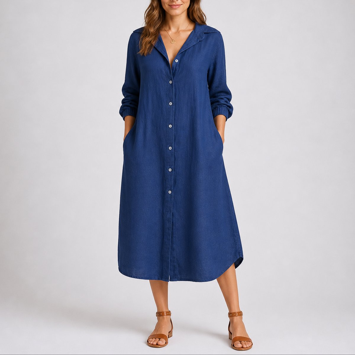 Women's Fall Wedding Guest Midi Dress Button-Front Long Sleeve - Blue