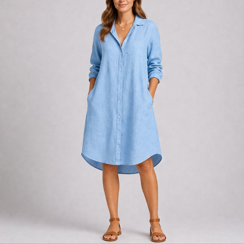 Women's Fall Wedding Guest Midi Dress Button-Front Long Sleeve - Light Blue