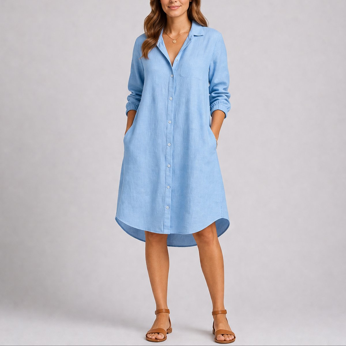 Women's Fall Wedding Guest Midi Dress Button-Front Long Sleeve - Light Blue