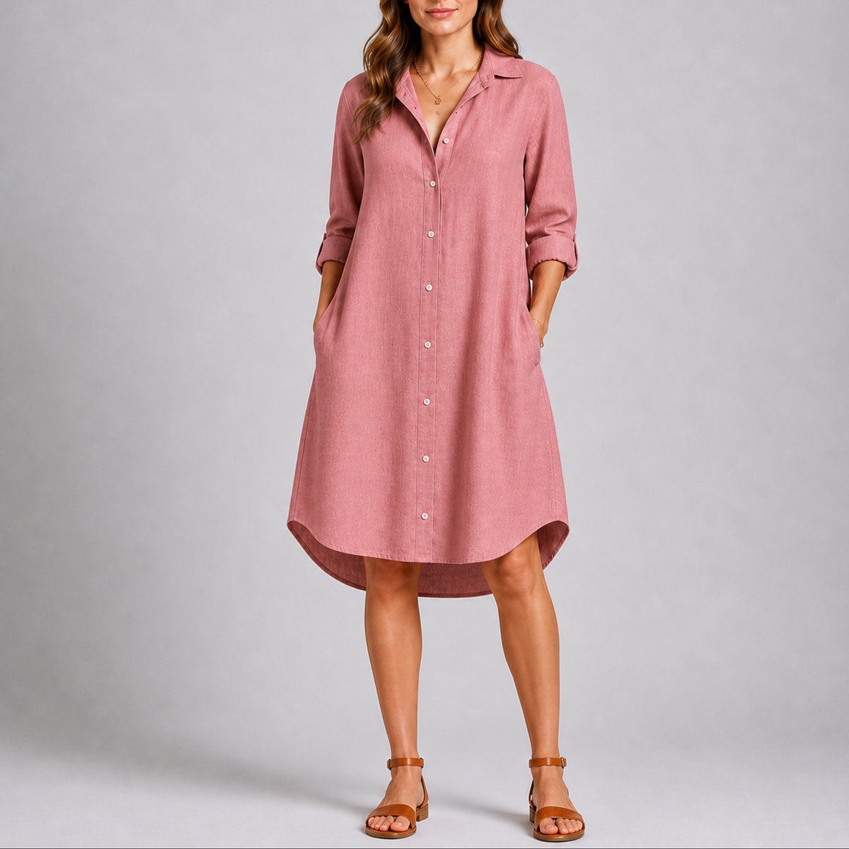 Women's Fall Wedding Guest Midi Dress Button-Front Long Sleeve - Pink
