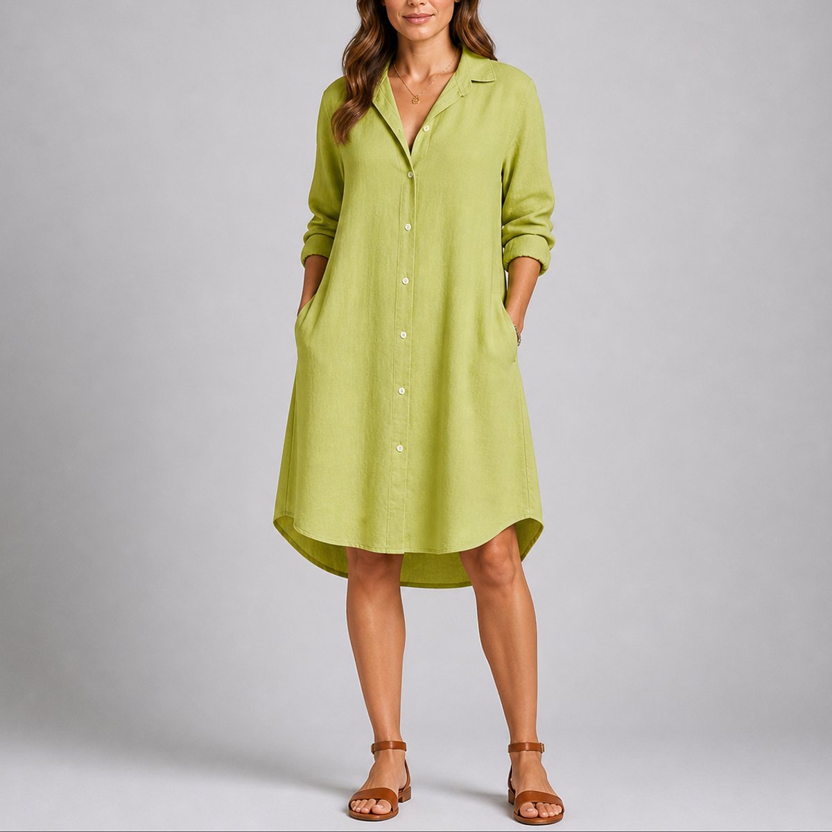Women's Fall Wedding Guest Midi Dress Button-Front Long Sleeve - Green