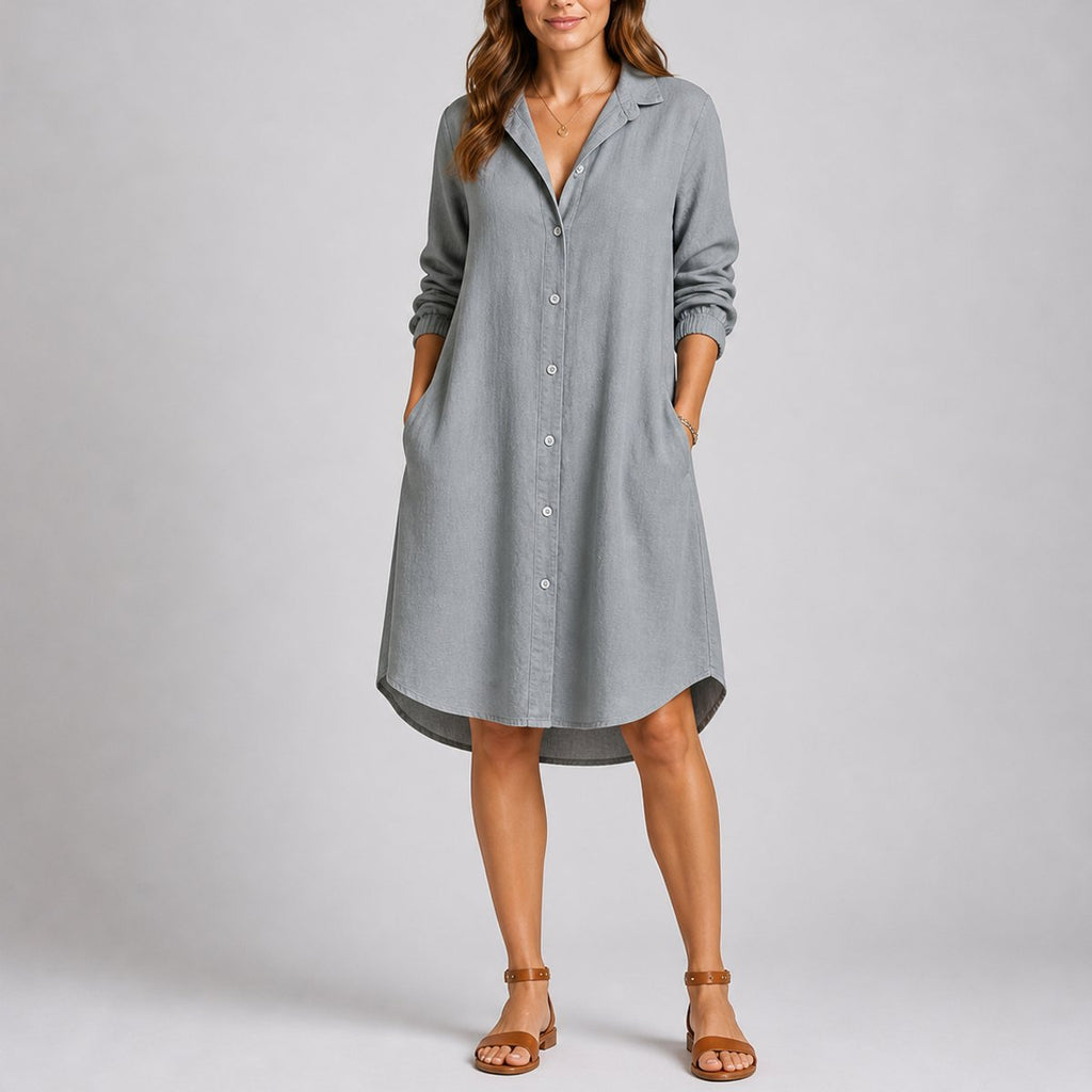 Women's Fall Wedding Guest Midi Dress Button-Front Long Sleeve - Gray