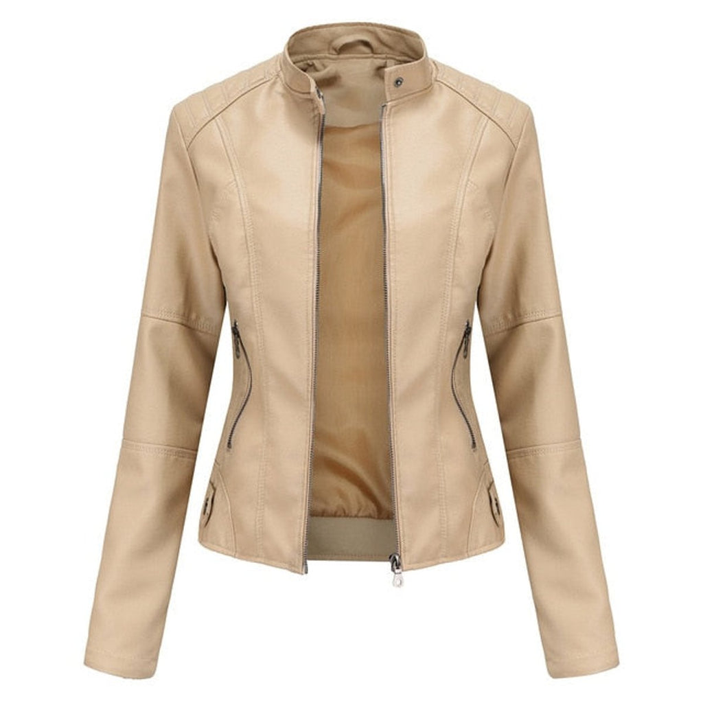 Women's Faux Leather Jacket Stand Collar Full-Zip Moto - Beige