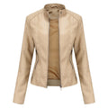 Women's Faux Leather Jacket Stand Collar Full-Zip Moto - Beige