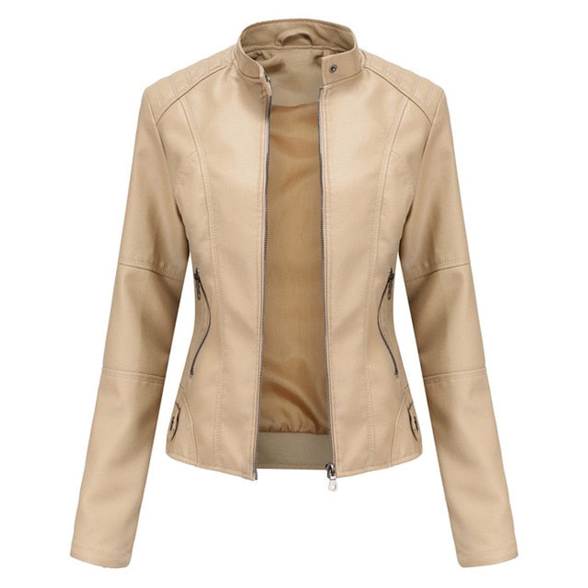 Women's Faux Leather Jacket Stand Collar Full-Zip Moto - Beige