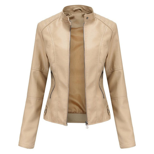 Women's Faux Leather Jacket Stand Collar Full-Zip Moto - Beige
