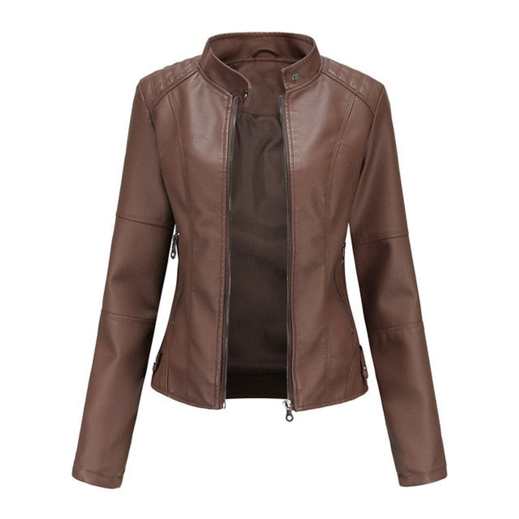 Women's Faux Leather Jacket Stand Collar Full-Zip Moto - Brown
