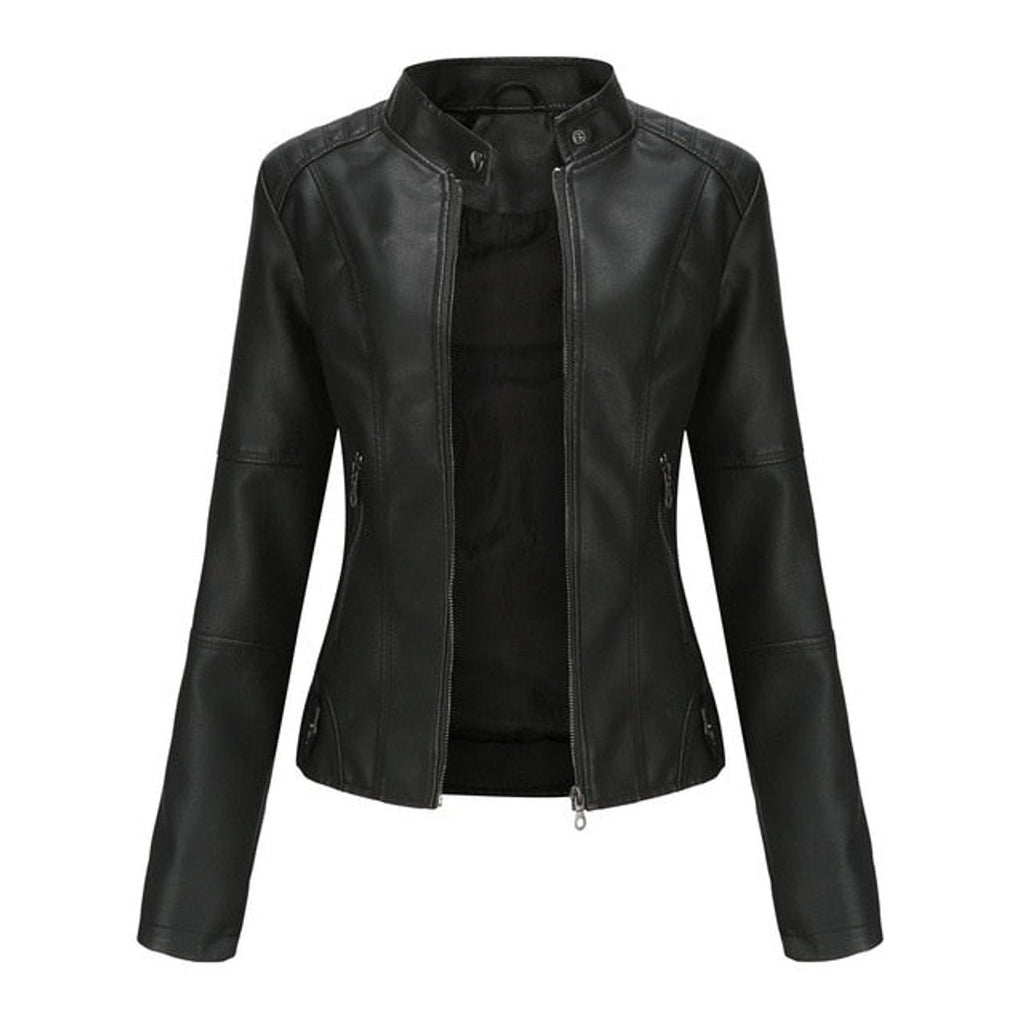 Women's Faux Leather Jacket Stand Collar Full-Zip Moto - Black