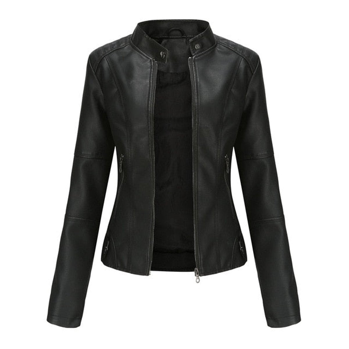 Women's Faux Leather Jacket Stand Collar Full-Zip Moto - Black