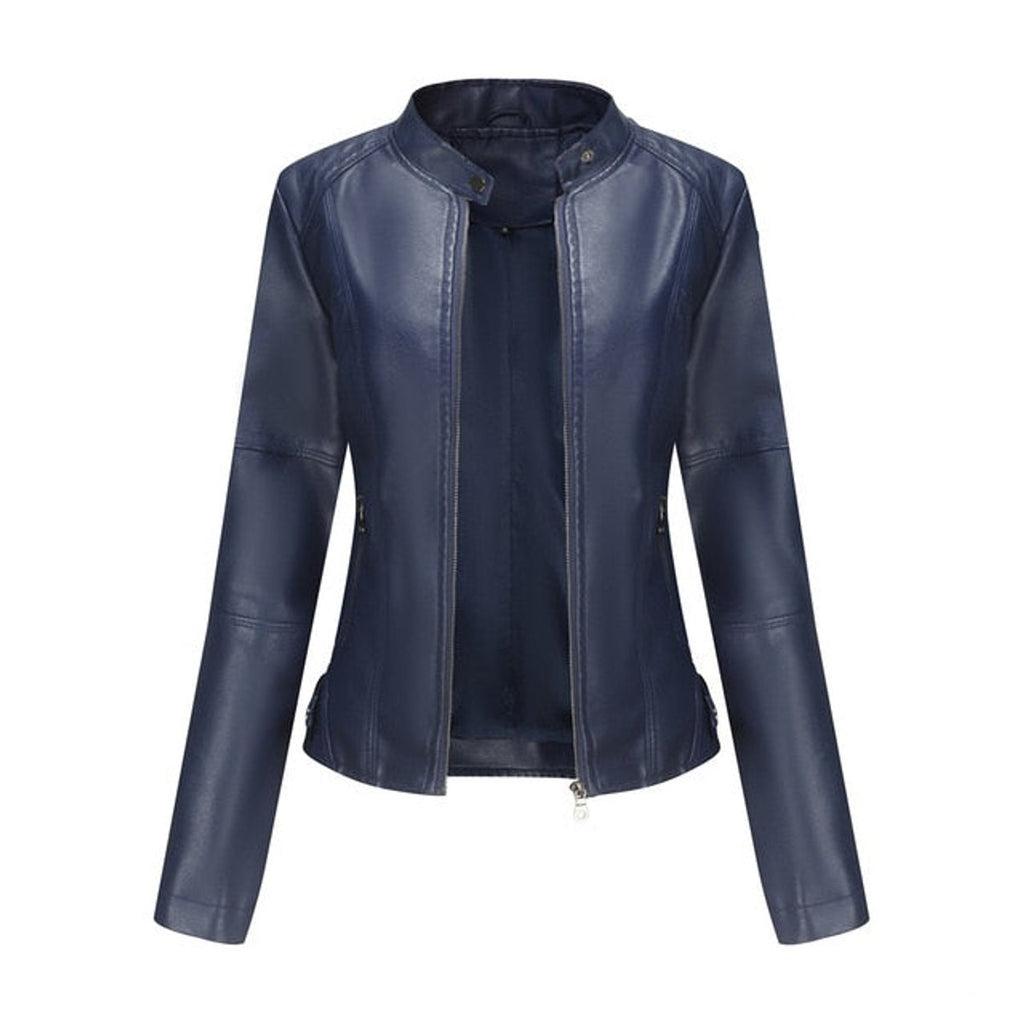 Women's Faux Leather Jacket Stand Collar Full-Zip Moto - Blue