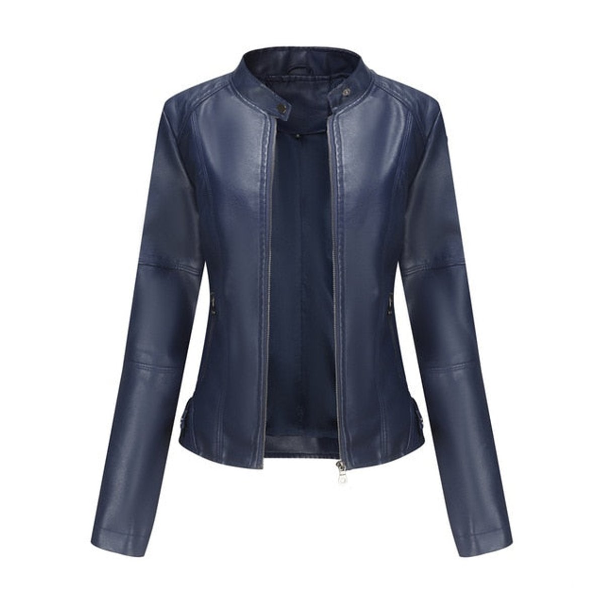 Women's Faux Leather Jacket Stand Collar Full-Zip Moto - Blue