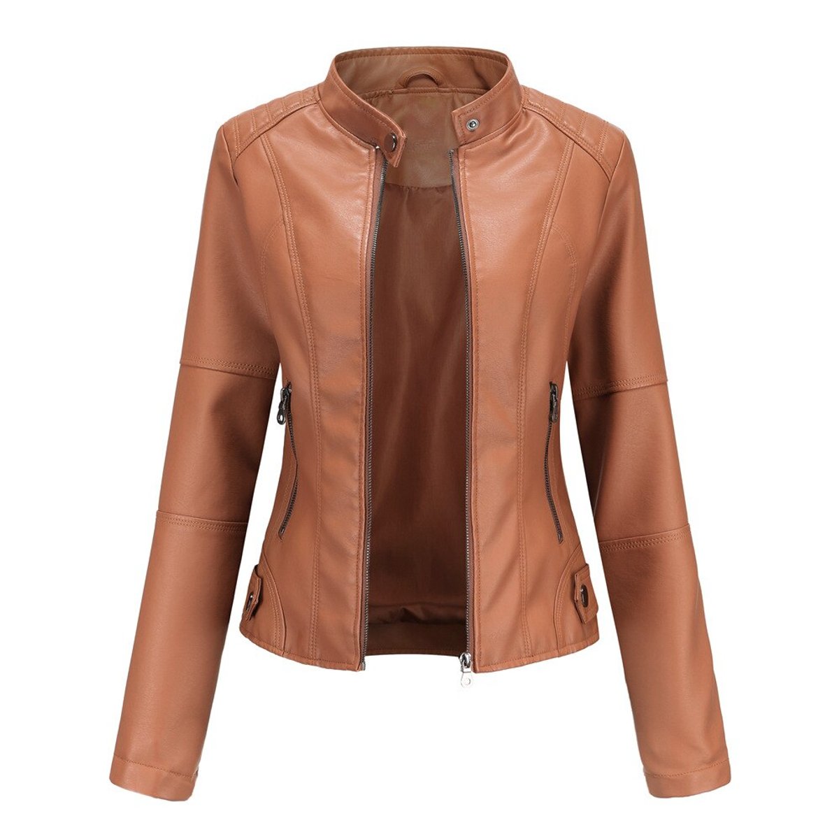 Women's Faux Leather Jacket Stand Collar Full-Zip Moto - Red-Brown