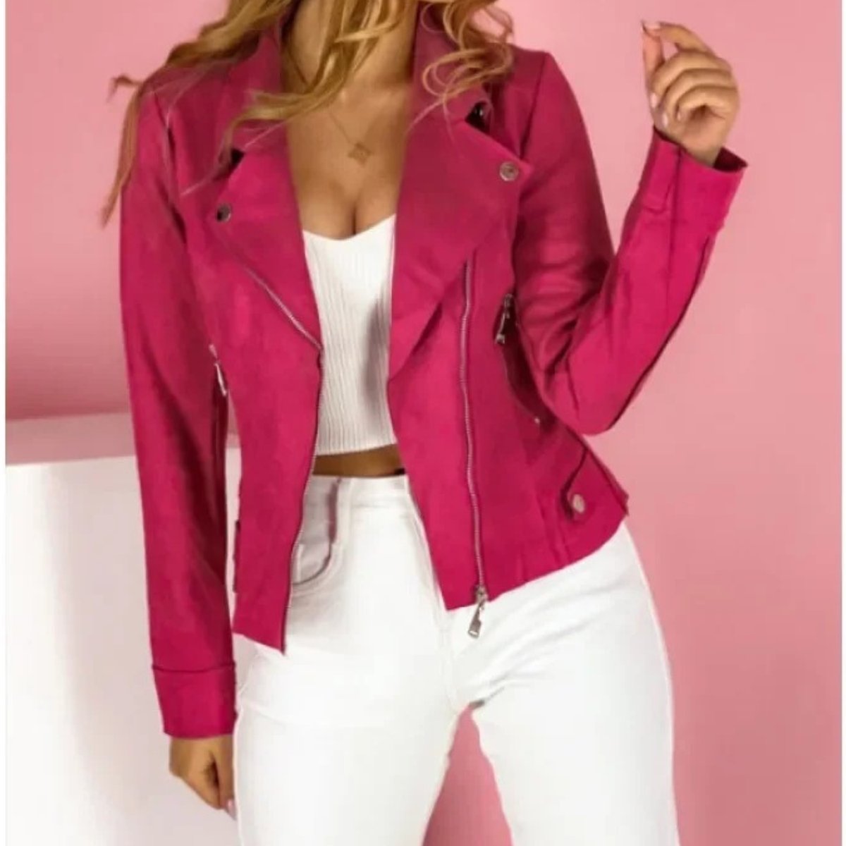 Women's Faux Leather Moto Jacket Zip-Up Convertible Collar
