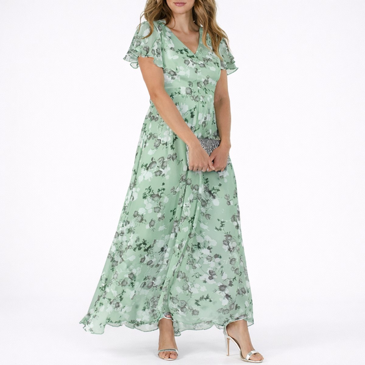 Women's Floral Chiffon Maxi Fall Wedding Guest Dress V-Neck - Green