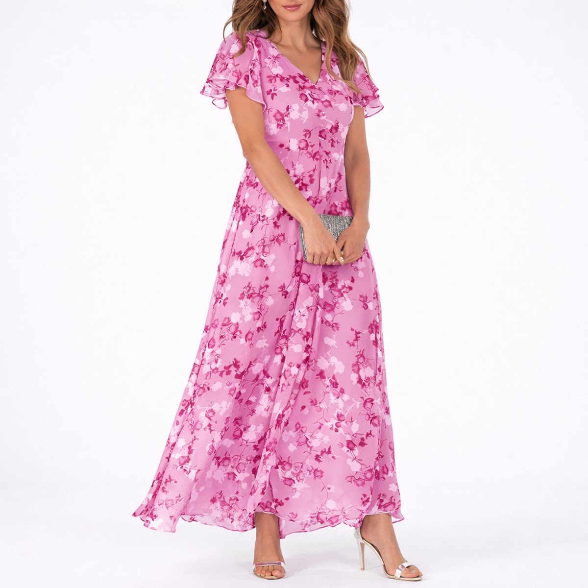 Women's Floral Chiffon Maxi Fall Wedding Guest Dress V-Neck - Pink