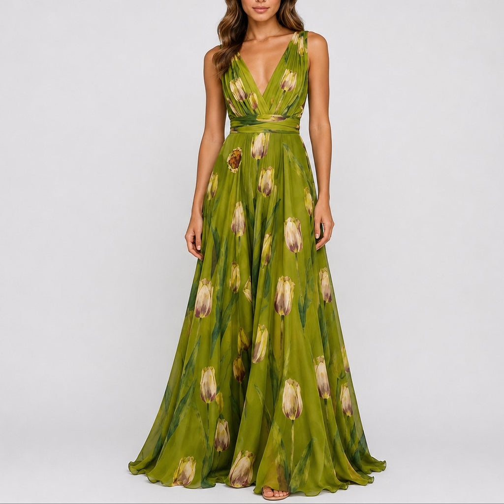 Women's Floral Chiffon V-Neck Fall Wedding Guest Maxi Dress - Green