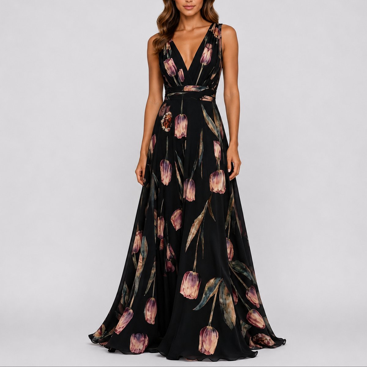 Women's Floral Chiffon V-Neck Fall Wedding Guest Maxi Dress - Black