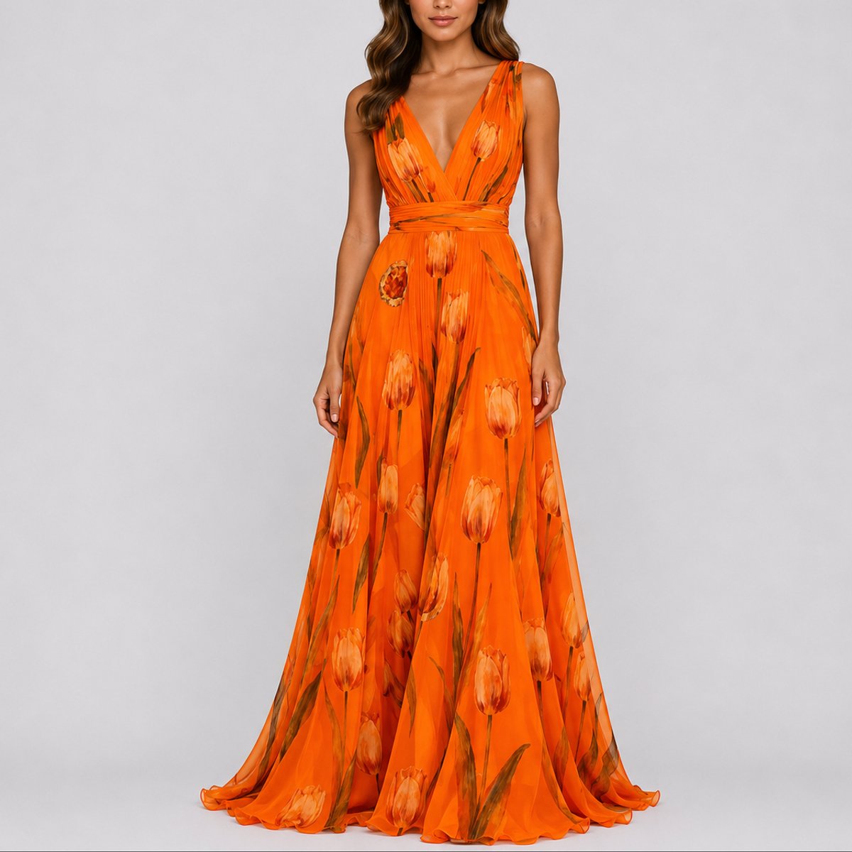 Women's Floral Chiffon V-Neck Fall Wedding Guest Maxi Dress - Orange