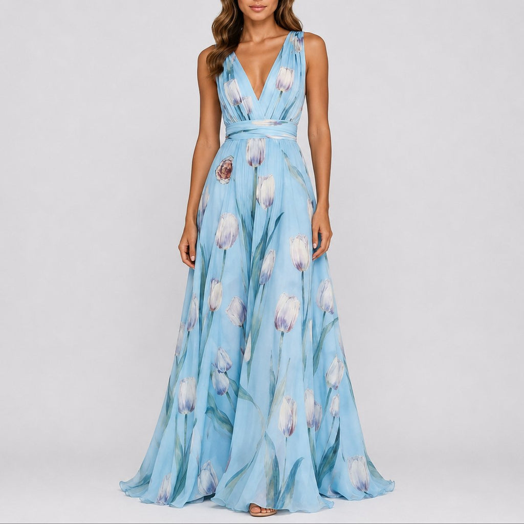 Women's Floral Chiffon V-Neck Fall Wedding Guest Maxi Dress - Baby Blue