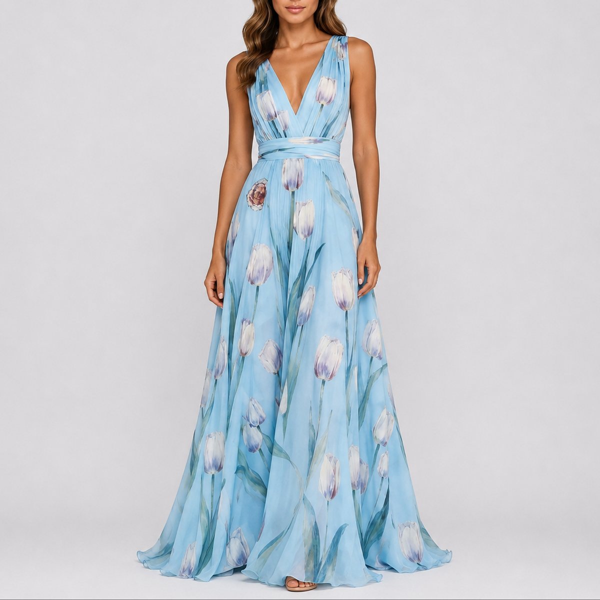 Women's Floral Chiffon V-Neck Fall Wedding Guest Maxi Dress - Baby Blue