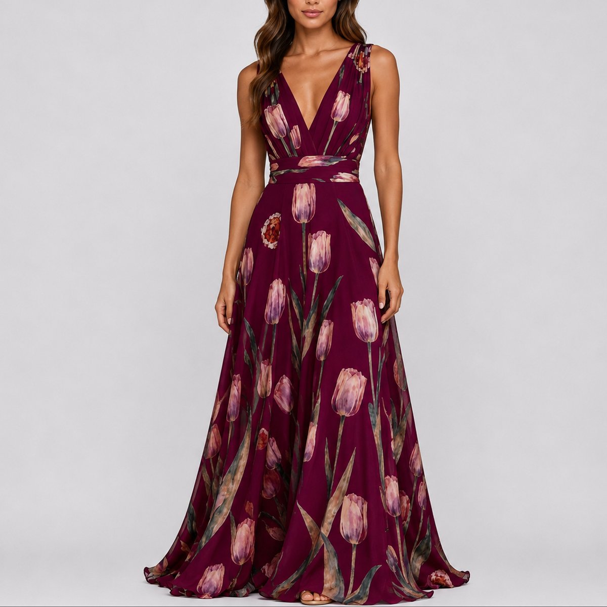 Women's Floral Chiffon V-Neck Fall Wedding Guest Maxi Dress - Red