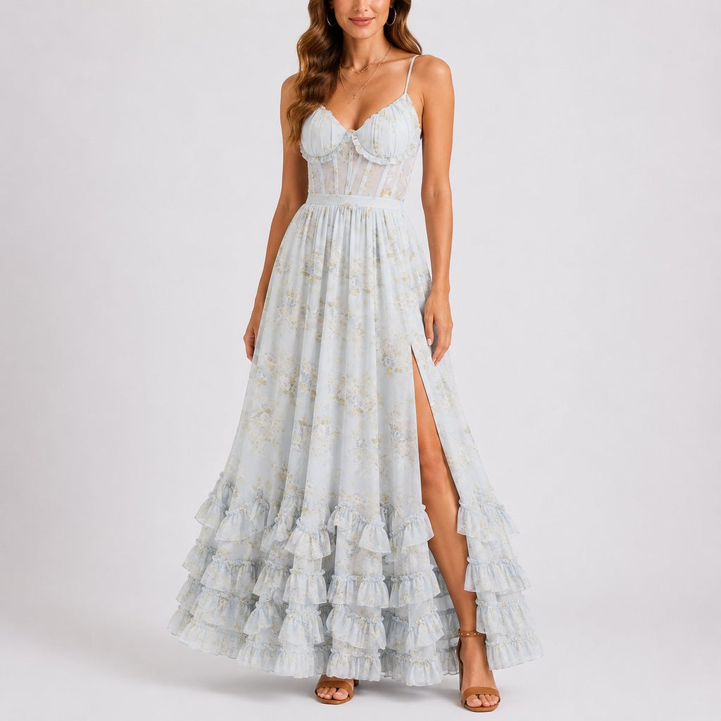Women's Floral Corset Fall Wedding Guest Maxi Dress Ruffled - Blue