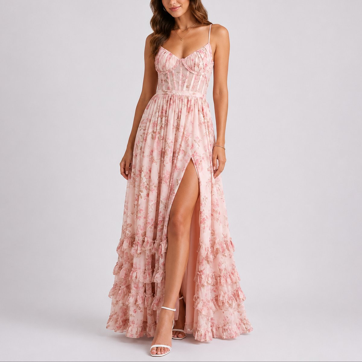 Women's Floral Corset Fall Wedding Guest Maxi Dress Ruffled - Pink