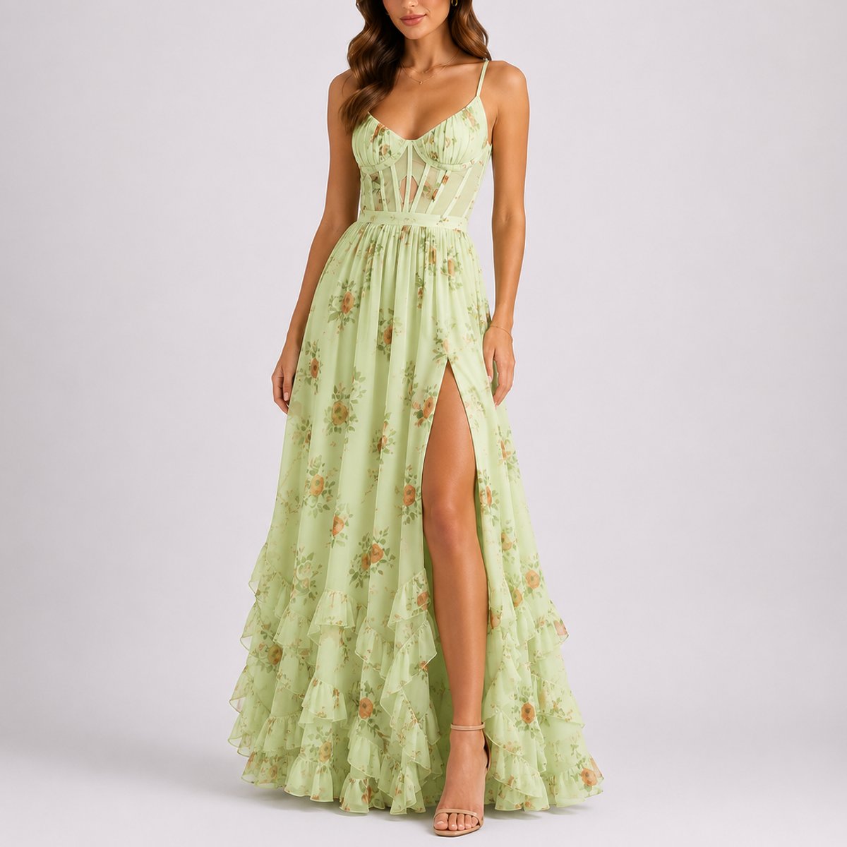Women's Floral Corset Fall Wedding Guest Maxi Dress Ruffled - Green