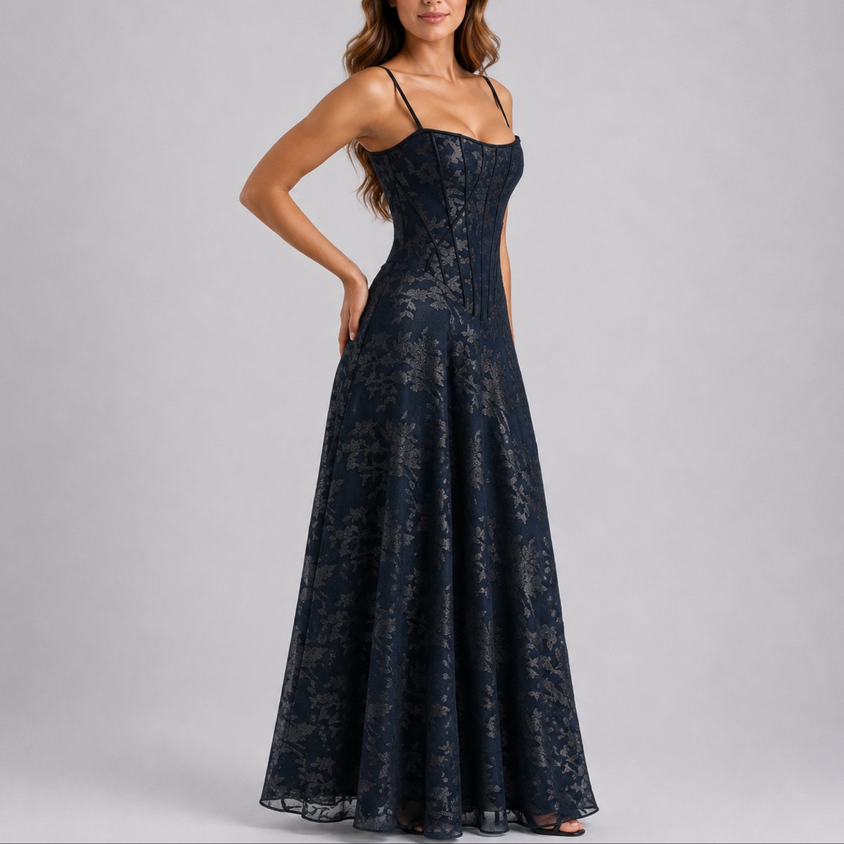 Women's Floral Corset Maxi Fall Wedding Guest Dresses Spaghetti Strap - Navy