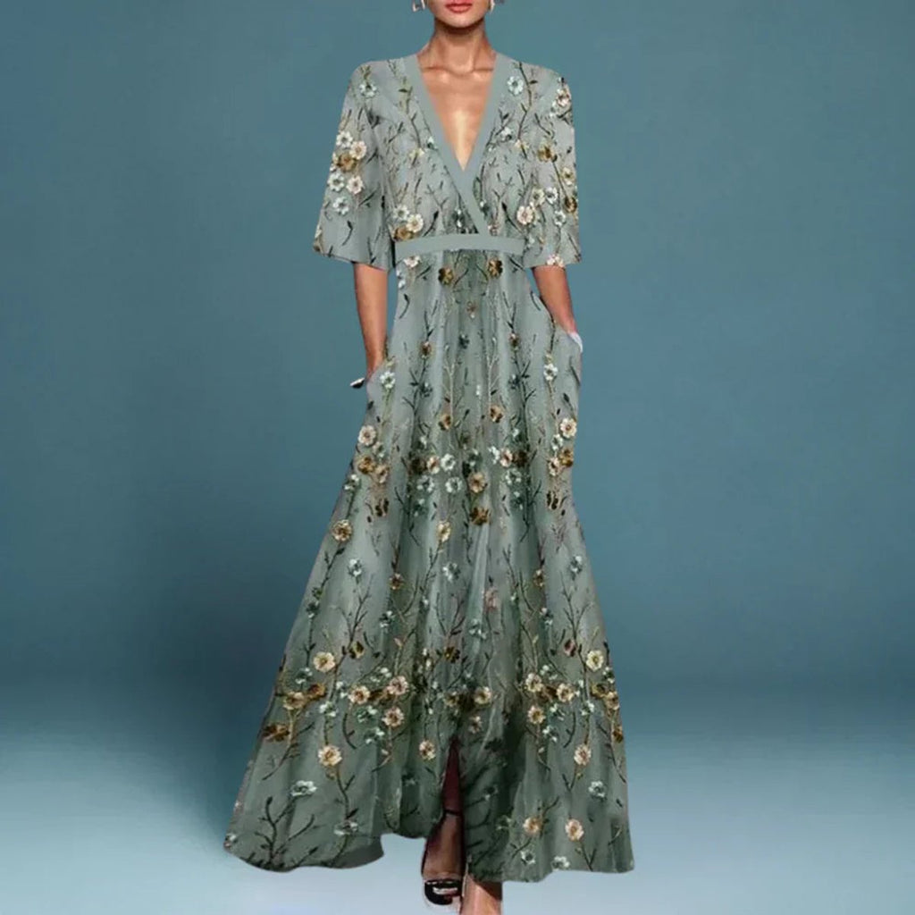 Women's Floral Embroidered V-Neck Maxi Formal Dresses - Blue