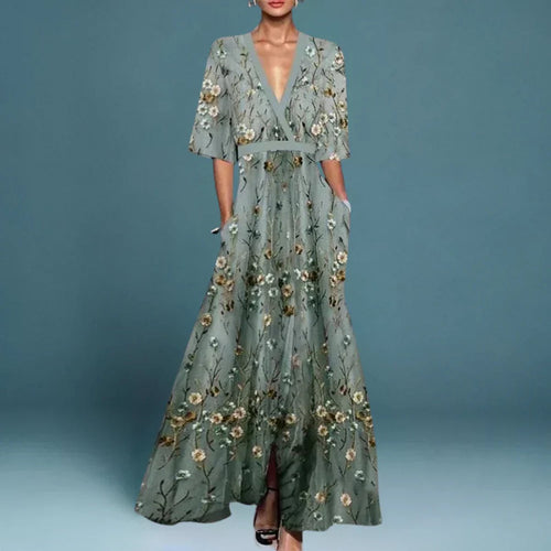 Women's Floral Embroidered V-Neck Maxi Formal Dresses - Blue