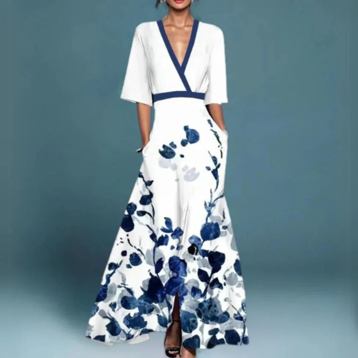 Women's Floral Embroidered V-Neck Maxi Formal Dresses - White