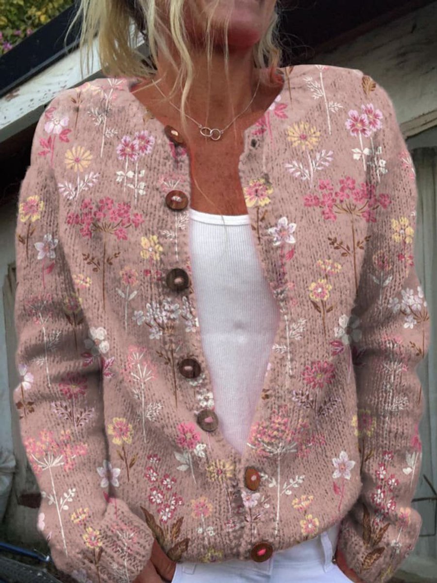 Women's Floral Knit Button-Front Cardigan Sweater - Style 3