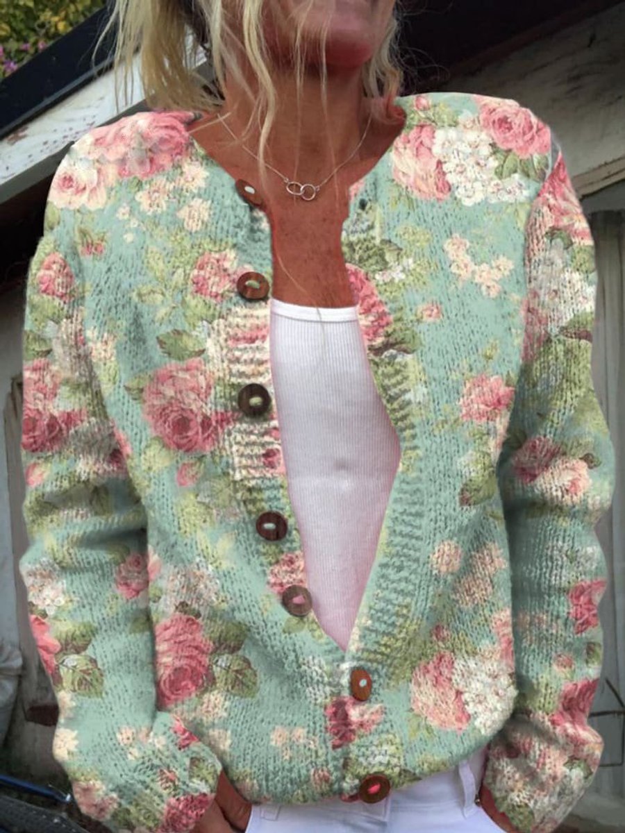 Women's Floral Knit Button-Front Cardigan Sweater - Style 6