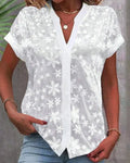Women's Floral Lace V-Neck Button-Down Short Sleeve Blouse - White