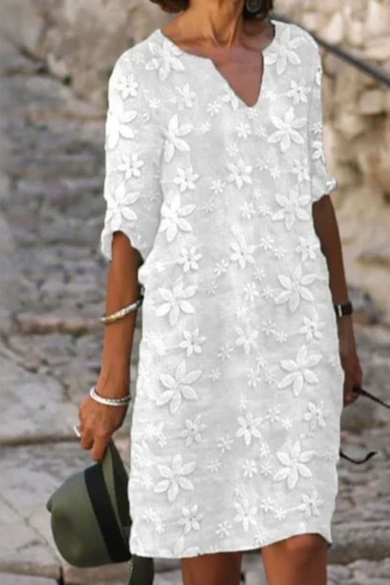 Women's Floral Lace V-Neck Midi Evening Gown Dress - White