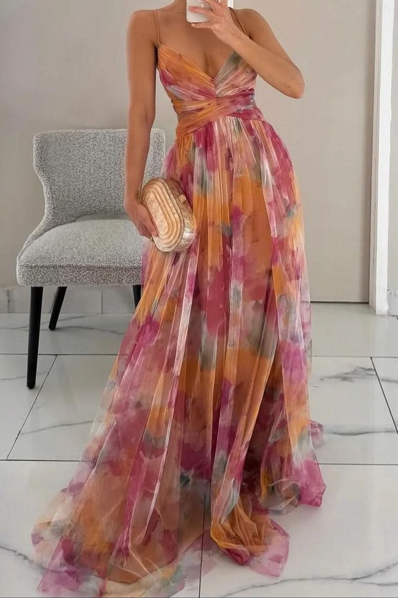 Women's Floral Maxi Cocktail Dress Sleeveless V-Neck A-Line - Orange