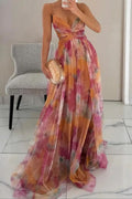 Women's Floral Maxi Cocktail Dress Sleeveless V-Neck A-Line - Orange