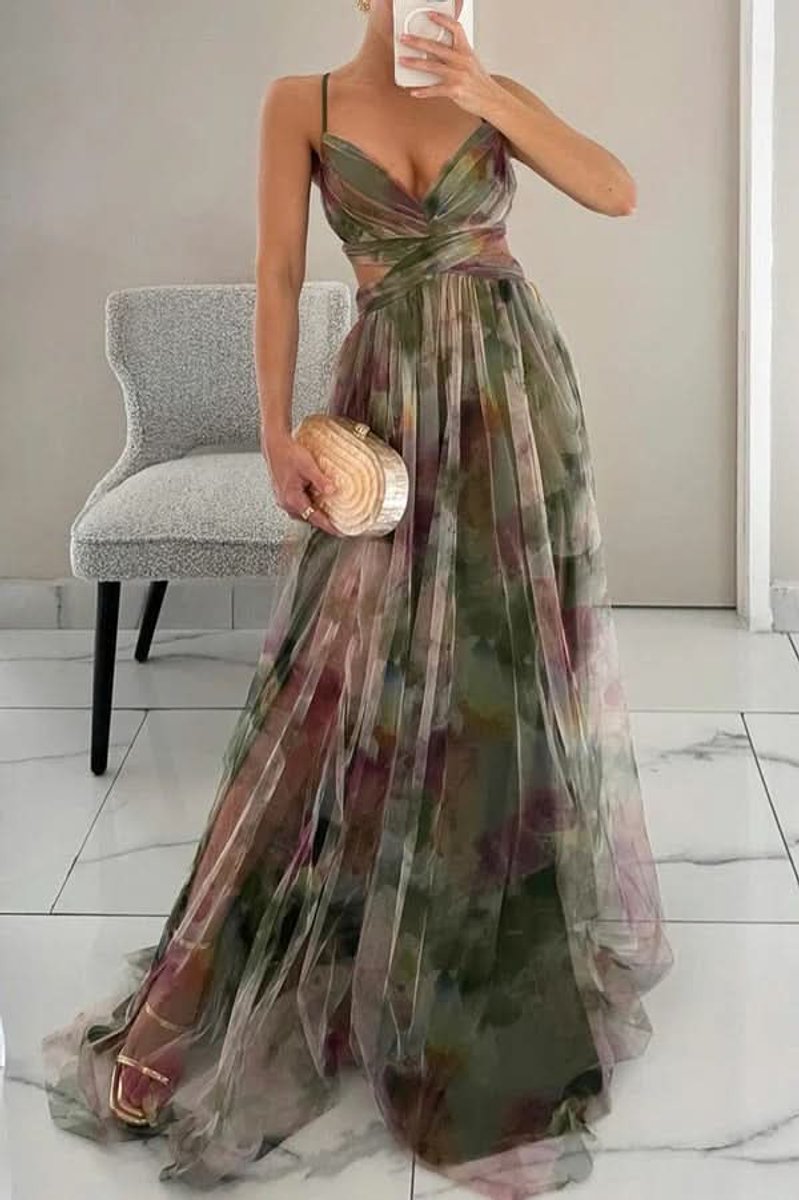 Women's Floral Maxi Cocktail Dress Sleeveless V-Neck A-Line - Green