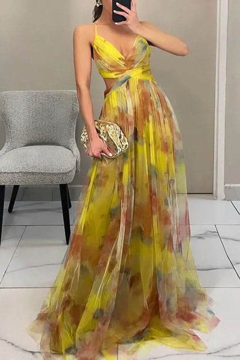 Women's Floral Maxi Cocktail Dress Sleeveless V-Neck A-Line - Yellow