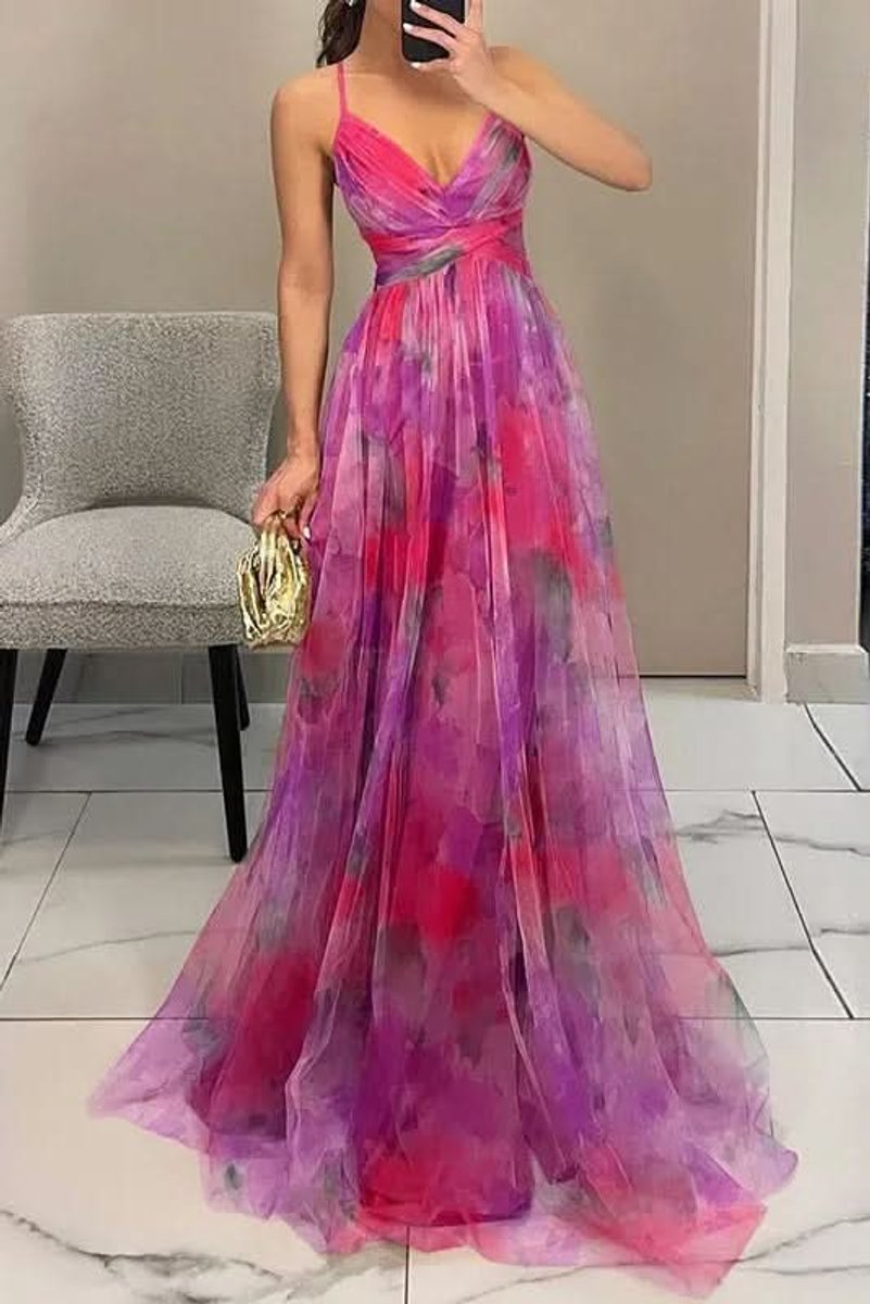 Women's Floral Maxi Cocktail Dress Sleeveless V-Neck A-Line - Pink