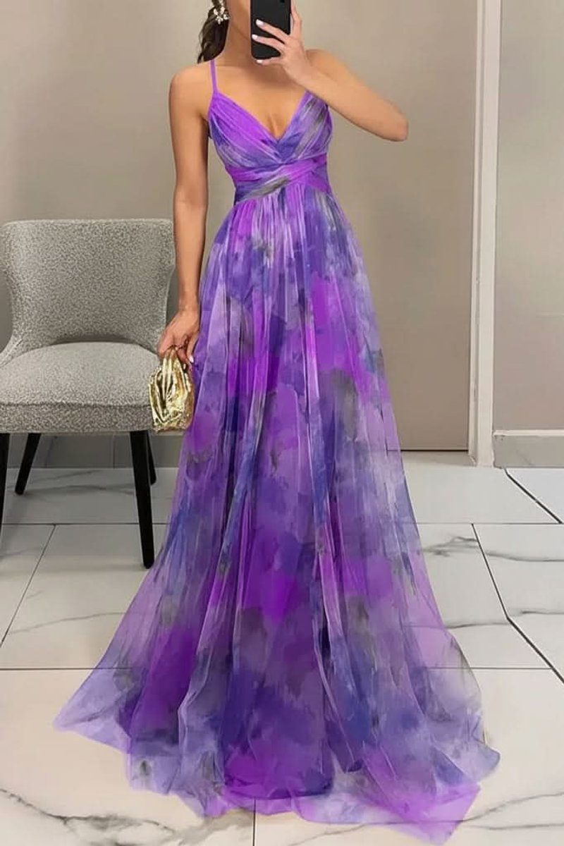 Women's Floral Maxi Cocktail Dress Sleeveless V-Neck A-Line - Purple