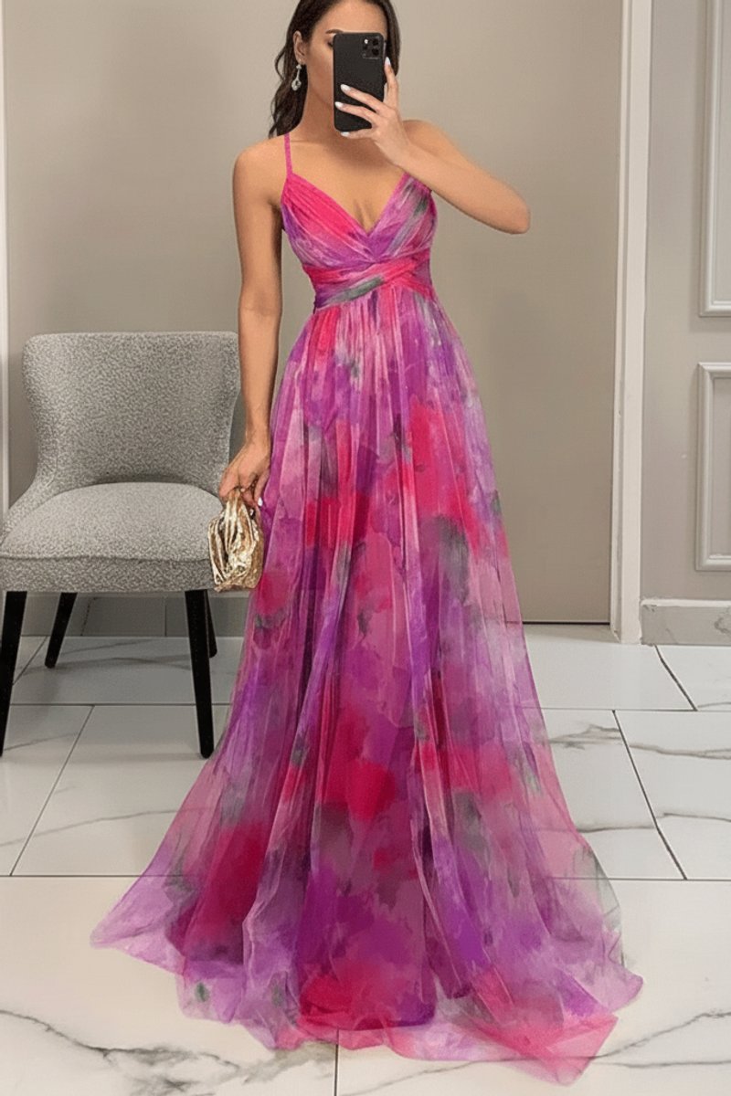 Women's Floral Maxi Cocktail Dress Sleeveless V-Neck A-Line